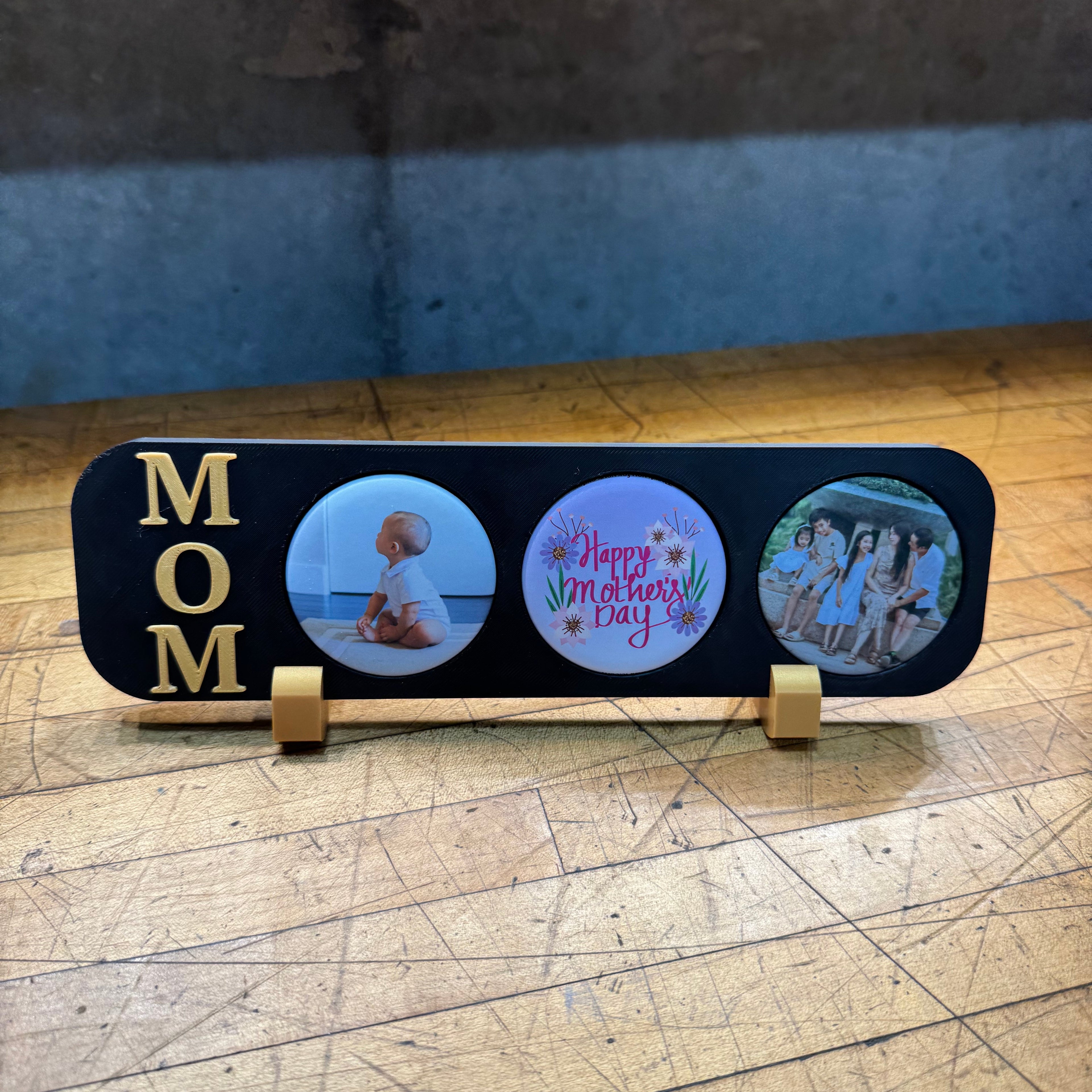 Custom MOM photo magnet frame with round picture magnets displayed on tabletop stands, perfect personalized Mother’s Day gift by StickPic