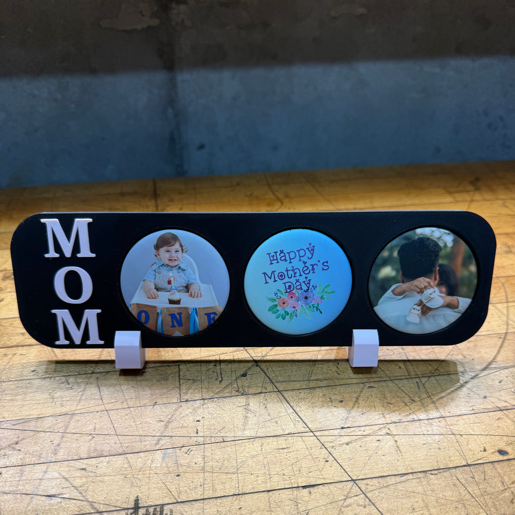Personalized Mother’s Day MOM frame with custom photo magnets, including round magnetic photo prints and tabletop display stands by StickPic