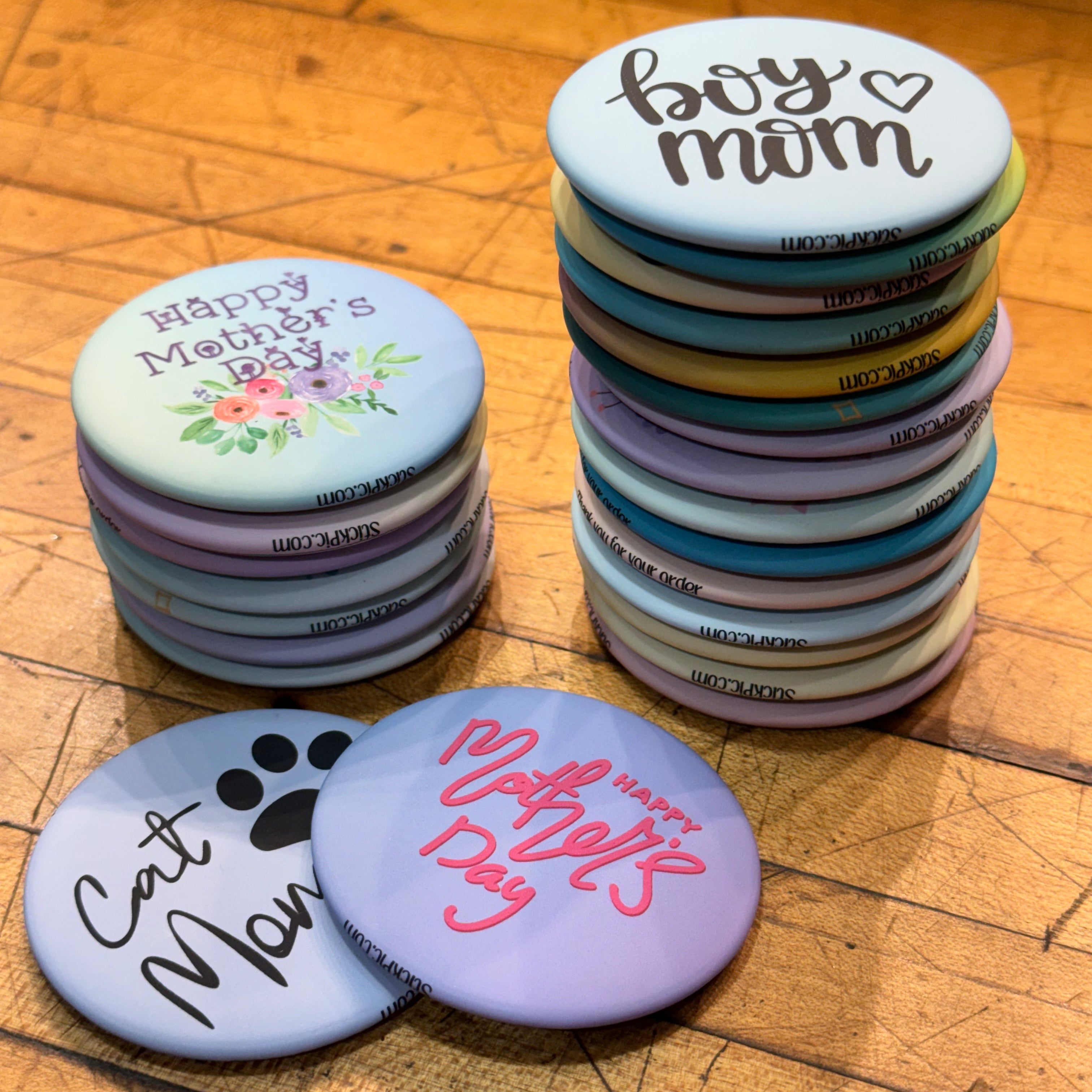 Set of custom round StickPic photo magnets designed to attach to magnetic tabletop frame 